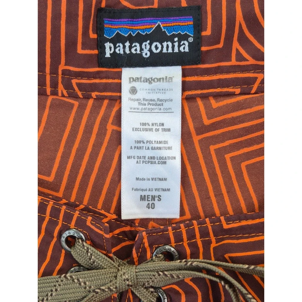 Patagonia Board Shorts Men's 40 Brown Orange Geometric Print Nylon Swim Surf